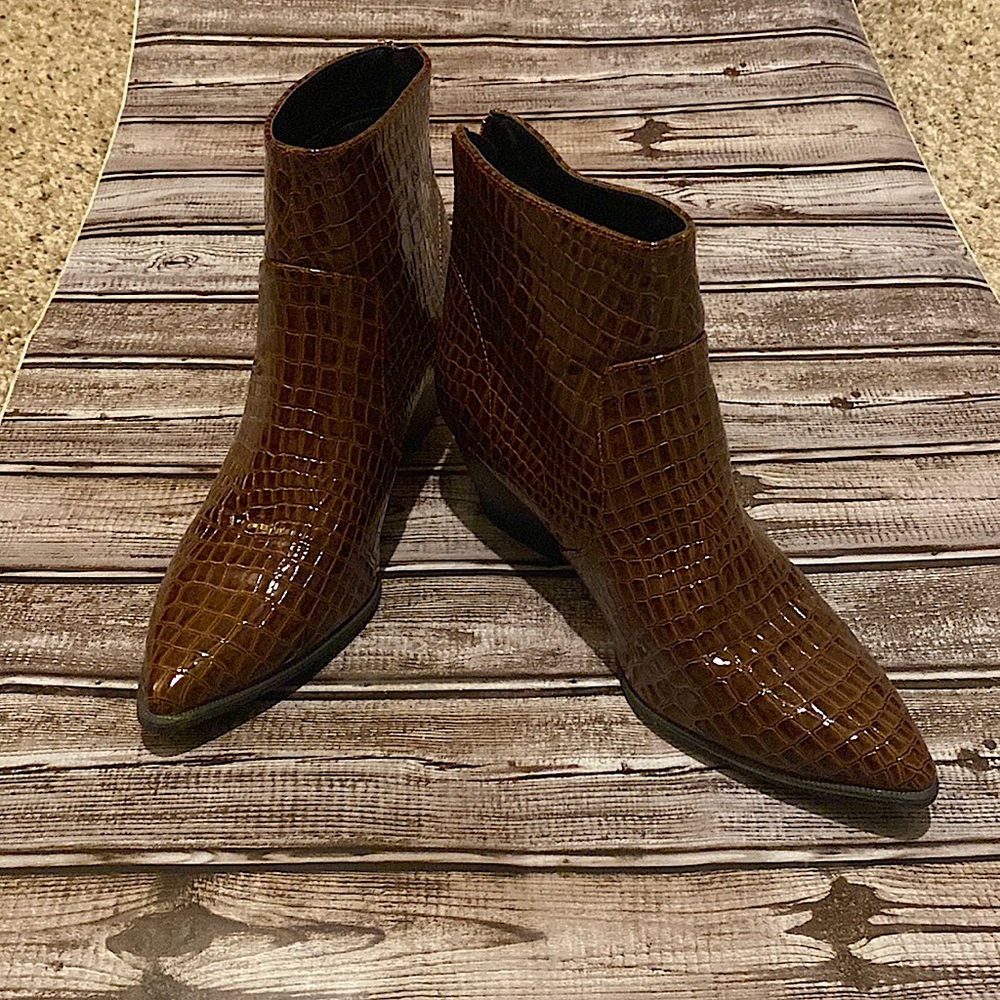 Faux croc patent leather booties